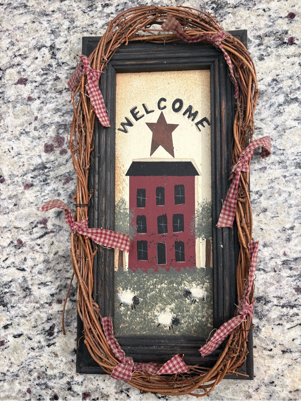 Rustic Red House Welcome Wall Plaque with Grapevine Frame